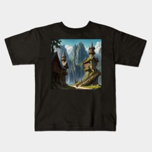 Wizards Tower at the Cliff Edge of a Mountain Village Kids T-Shirt